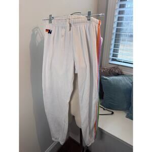Aviator Nation 5 Stripe sweatpants vintage white rainbow stripe size large